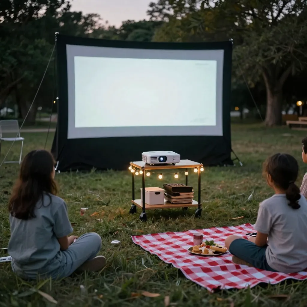Vintage popcorn machine and snack setup for outdoor cinema